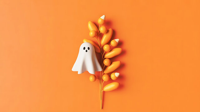 Cute 3d ghost with orange halloween decorations on a solid background