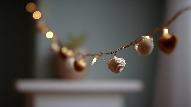 Warm glowing string lights with seashell and heart decorations