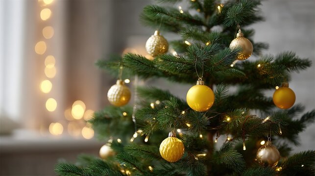 Close-up of christmas tree with golden ornaments and string lights