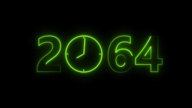 2064 digital text celebration and Calendar neon bright lime green color animation. Clock icon timer concept on black background.
