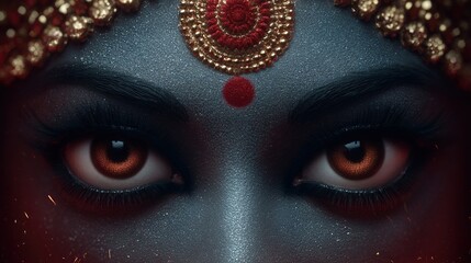 Intense close-up portrait of a powerful deity with blue skin, glittering eyes, and golden adornments