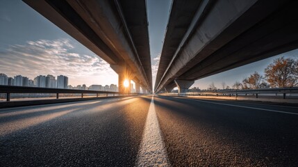 Fototapeta premium Sunlight filters through the concrete structures as evening approaches. A calm road stretches ahead, lined with trees and city buildings in the distance, creating a peaceful urban scene