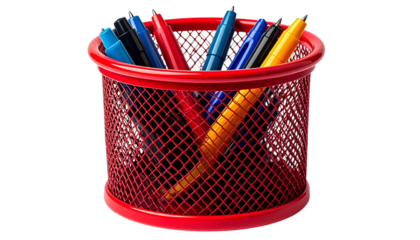 Red Metal Round Pen Holder  Desk Organizer Basket for Stationery White PNG Available  
