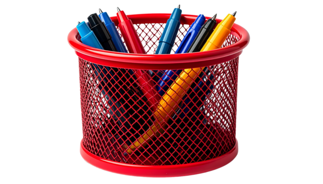 Red Metal Round Pen Holder  Desk Organizer Basket for Stationery White PNG Available  
