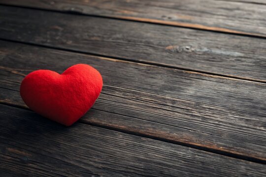 Single red heart on dark wooden background with copy space