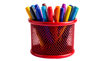 Red Metal Round Pen Holder  Desk Organizer Basket for Stationery White PNG Available  
