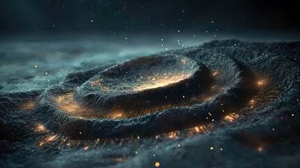 An abstract illustration of a galaxy formation with glowing lights against a dark space background. The image evokes a sense of wonder and cosmic beauty.