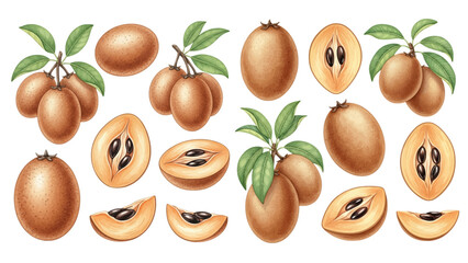 A realistic illustrated collection of tropical sapodilla fruits, including whole, cut halves, slices, and bunches on branches.