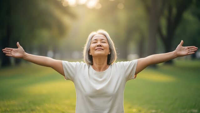 Happy senior Asian woman stretching in sunny park for mental well-being