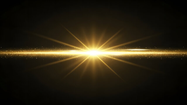 Radiant Horizontal Gold Light Ray on Black Background with Glow Effect