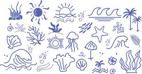 Hand drawn ocean elements in blue on white background