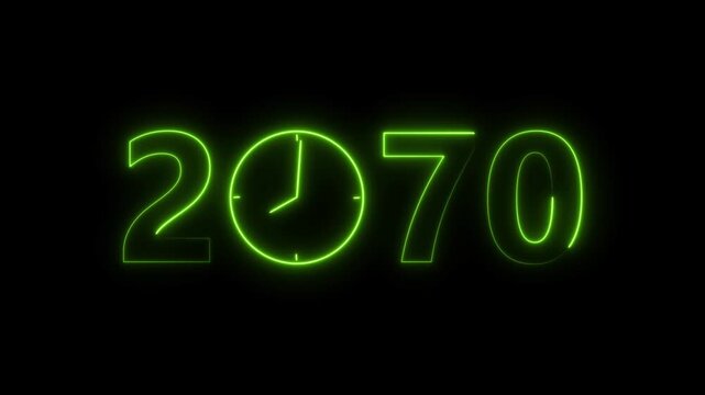 2070 digital text celebration and Calendar neon bright lime green color animation. Clock icon timer concept on black background.