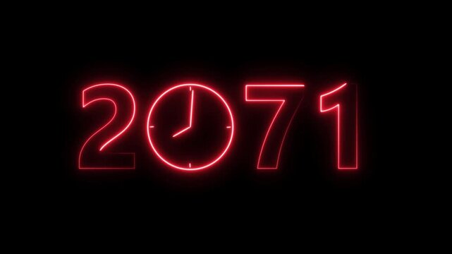 2071 digital text celebration and Calendar neon bright red color animation. Clock icon timer concept on black background.