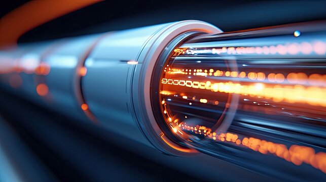 Close-up view of a futuristic fiber optic cable with bright orange light streaks representing data transmission, set against a dark, technological background.