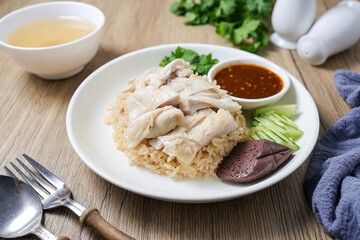 Chicken and rice with coriander and cucumber with sauce and soup in a white plate, hainanese chicken rice, thai called khao man gai, asian food, thai food