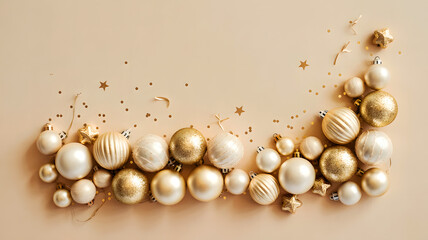 Arrangement of gold and white christmas ornaments with star shaped confetti on a cream background