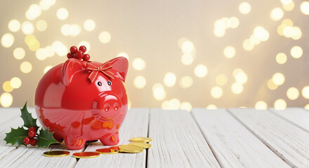 Red piggy bank decorated with holly on wooden table with lights   for investment and banking advertising campaign