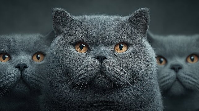 Three serious grey cats with striking amber eyes stare intently forward