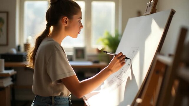 Video A woman sits at an easel, creating art