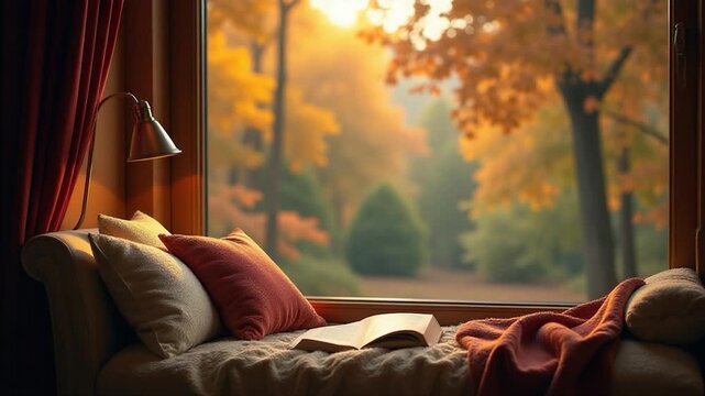 Video A warm and inviting window seat with a book and a blanket, perfect for curling up and getting lost in a good story
