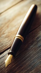 nib. An elegant fountain pen on a wooden surface with warm lighting and minimalist style. lifestyle magazines, social media lookbooks, designed for lifestyle magazines and social media content.