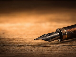 nib. An elegant fountain pen on a wooden surface with warm lighting and minimalist style. lifestyle magazines, social media lookbooks, designed for lifestyle magazines and social media content.