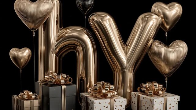 Golden balloons spelling hy with heart shapes and gift boxes on black