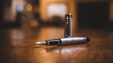 nib. An elegant fountain pen on a wooden surface with warm lighting and minimalist style. lifestyle magazines, social media lookbooks, designed for lifestyle magazines and social media content.