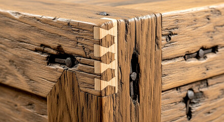 Detailed Dovetail Joint on Reclaimed Rough Wood Furniture Close Up