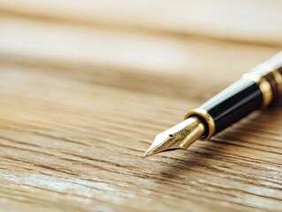 nib. An elegant fountain pen on a wooden surface with warm lighting and minimalist style. lifestyle magazines, social media lookbooks, designed for lifestyle magazines and social media content.