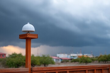 Photograph of storm clouds over a rural landscape with a lamp.