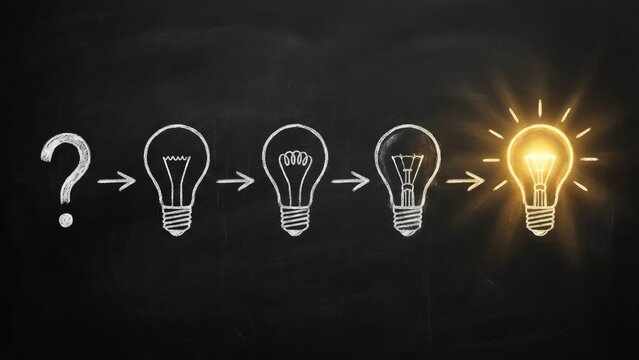 Chalkboard drawing showing progression from question mark to a lit up lightbulb idea process concept