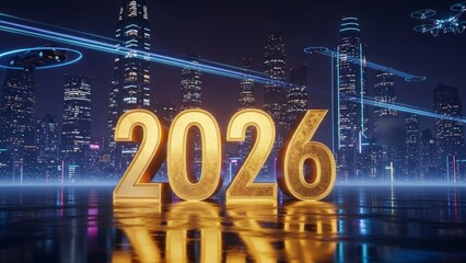 Neon Cityscape Celebrating the Year 2026 with Gold Numerals