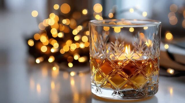 A beautifully illuminated glass of whiskey sits on a polished table, surrounded by warm, glowing lights, creating an inviting and cozy atmosphere perfect for relaxation.