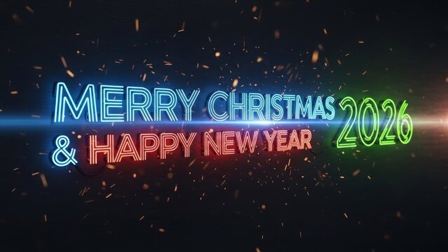Festive 2026 Merry Christmas and a Happy New Year Neon Glow - Powered by Adobe