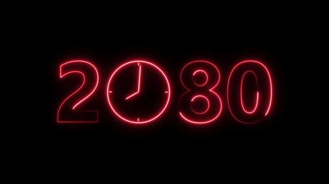2080 digital text celebration and Calendar neon bright red color animation. Clock icon timer concept on black background.