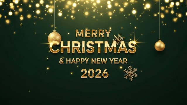 Golden Merry Christmas and Happy New Year 2026 festive greeting card with bokeh lights and ornaments