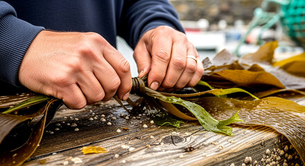 Fisherman Hands Tying Freshly Harvested Seaweed Knot On Rustic Wooden Table