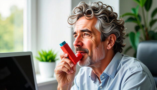 Middle-aged man using inhaler while contemplating at desk by window - Powered by Adobe