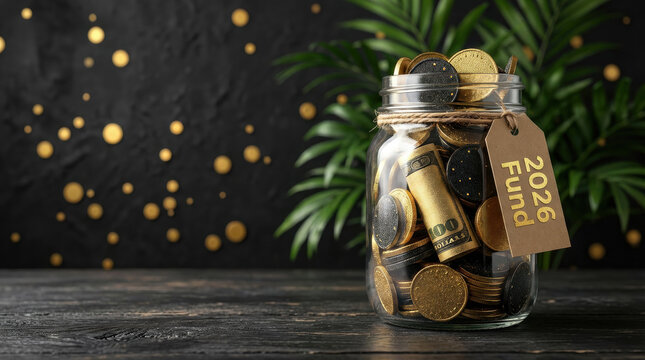 Glass jar with '2026 Fund' tag filled with gold coins and money. Financial savings concept for New Year resolutions on a dark wooden table with bokeh background.