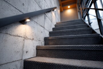 Close-up of concrete stairs with metal railing and lights.