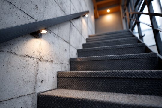 Close-up of concrete stairs with metal railing and lights. - Powered by Adobe