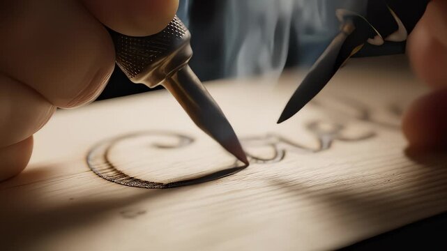 Close Up of Person Wood Burning With Handheld Tool on Wooden Surface