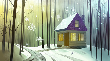 Charming cabin nestled in snowy woods during winter. Cozy light glows from windows in a serene forest setting.