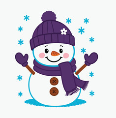 Cute Snowman in Purple Hat and Scarf with Falling Snowflakes winter christmas