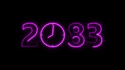 2083 digital text celebration and Calendar neon bright magenta color animation. Clock icon timer concept on black background.