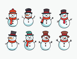 Collection of Eight Adorable Snowmen in Various Hats and Scarves Keywords: snowman, snowmen