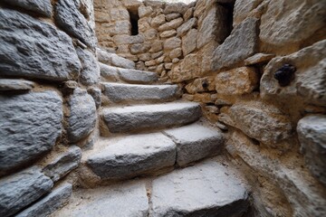 Ancient stone steps in a narrow passageway.