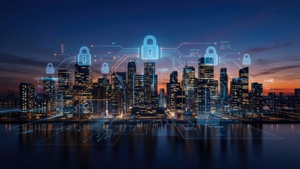 Fototapeta premium Cityscape at dusk with glowing network connections and security lock icons overlaying buildings
