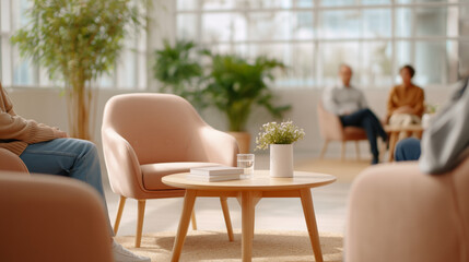 Soft pink armchairs arranged in a bright modern meeting space with a wooden table, books and plants, conveying a concept of group discussion